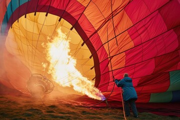A person standing in front of a colorful and massive hot air balloon on the ground, Person pumping air into a balloon named 'Economy', AI Generated