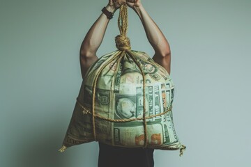 A man is shown holding a bag filled with money tightly in his hands, Person struggling to lift a heavy bag of money symbolising cost of living rises, AI Generated - obrazy, fototapety, plakaty