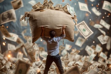 A man is seen carrying a sack filled with money, showing the act of moving and transporting wealth, Person struggling to lift a heavy bag of money symbolising cost of living rises, AI Generated