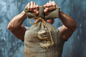 A man stands holding a large sack filled with money in his hands, Person struggling to lift a heavy bag of money symbolising cost of living rises, AI Generated - obrazy, fototapety, plakaty