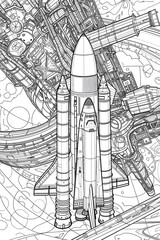 A highly detailed drawing of a space shuttle poised for launch, surrounded by intricate machinery, in a black-and-white style