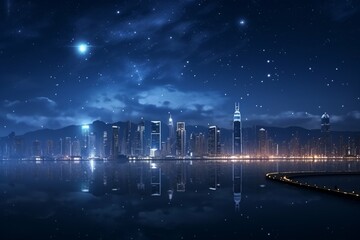 A modern city skyline at night, with the glowing street lights, illuminated buildings, and the stars shining brightly in the night sky - obrazy, fototapety, plakaty