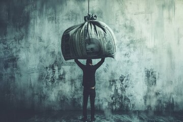 A man standing while balancing a sizable bag on his head, showcasing his physical strength and ingenuity, Person struggling to lift a heavy bag of money symbolising cost of living rises, AI Generated - obrazy, fototapety, plakaty