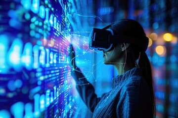 A woman wearing a virtual reality headset, engaged in an immersive digital experience, Person using virtual reality to visualize big data, AI Generated