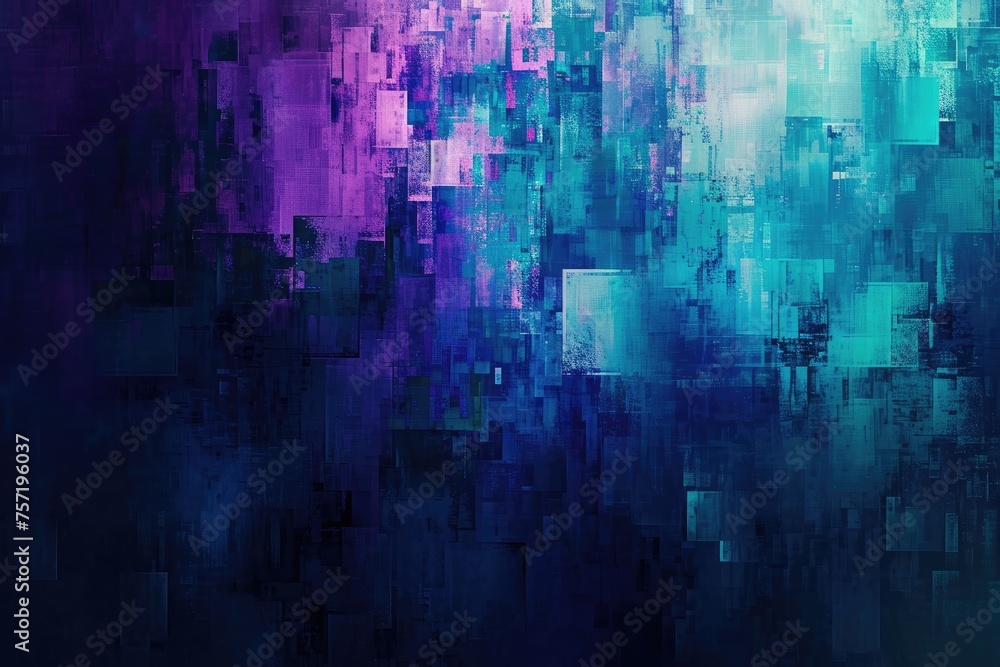 Poster an image showcasing a vibrant abstract background composed of blue and purple squares, pixelated dig