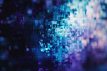 A photograph showing a slightly out of focus blue and purple background with no distinct subjects, Pixelated digital abstract background in cool hues, AI Generated