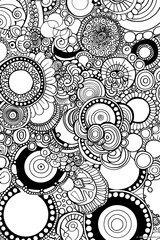 Black and white design featuring circular patterns and hidden elements for a visually engaging piece