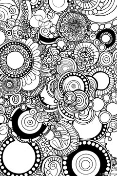 Black and white design featuring circular patterns and hidden elements for a visually engaging piece