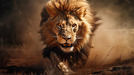Dangerous and Aggressive Lion Charging Through Dust and Dirt, Emanating Power and Ferocity, Perfect for Wildlife Conservation Campaigns, Action-packed Posters, or Dramatic Illustrations