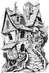 Surreal illustration of an oddly structured house with multiple roofs and whimsical details
