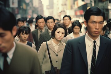 Crowd of Asian people walking city street in 1960s in Japan