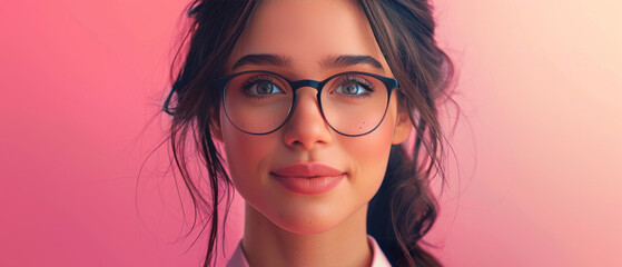 A stylish smiling woman with glasses, emanating a confident aura against a glowing pink backdrop - obrazy, fototapety, plakaty