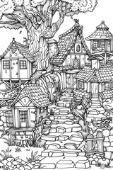An intricate illustration of a whimsical village scene with charming houses and a serene vibe invites exploration