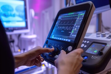 A person is seen operating a machine in a room, focused and engaged in their tasks, Portable ultrasound device in use, AI Generated - obrazy, fototapety, plakaty