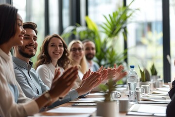 A group of individuals sitting at a table, engaging in applause with their hands, Positive colleagues applauding after a successful meeting in a conference room, AI Generated