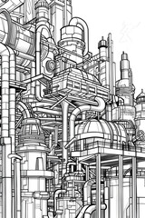 Dynamic pencil sketch highlighting the dense configuration of pipes, ducts, and industrial structures