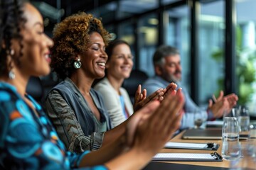 A diverse group of individuals sitting around a table, engaged in enthusiastic applause, Positive colleagues applauding after a successful meeting in a conference room, AI Generated - obrazy, fototapety, plakaty