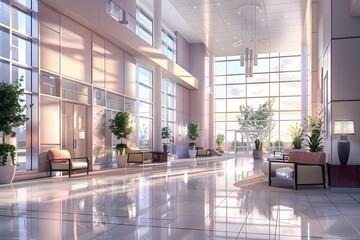a state-of-the-art hospital lobby, with modern architecture, soft lighting, and comfortable seating, creating a welcoming and soothing atmosphere in ultra HD 16k detail.