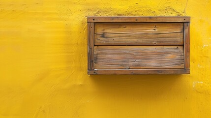 A wooden box securely mounted to a vibrant yellow wall