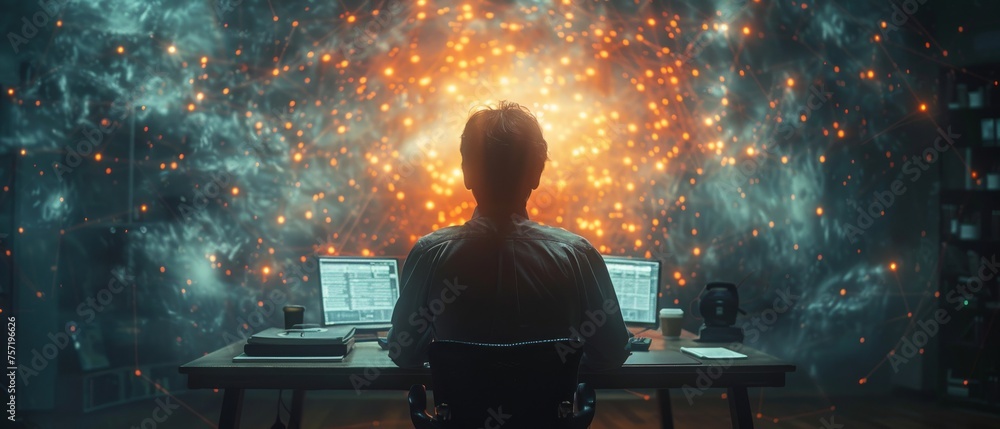 Poster social network structure shown by a businessman working on a modern computer
