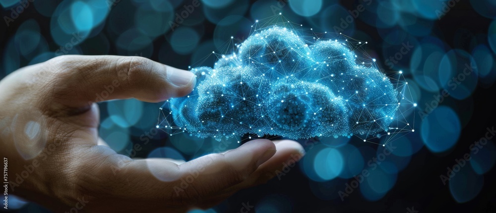 Poster as a concept, a businessman is using a cloud computing diagram to illustrate a new computer interfac