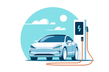 Electric car at charging station. Vector illustration in minimalist style. - obrazy, fototapety, plakaty