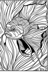 Detailed line art showcasing a fish among underwater plants, displayed in a contrasting black and white pattern