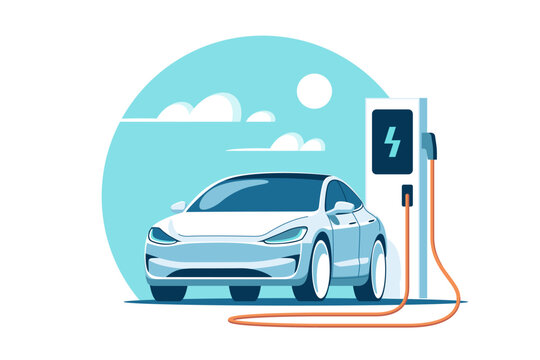 Electric car at charging station. Vector illustration in minimalist style.