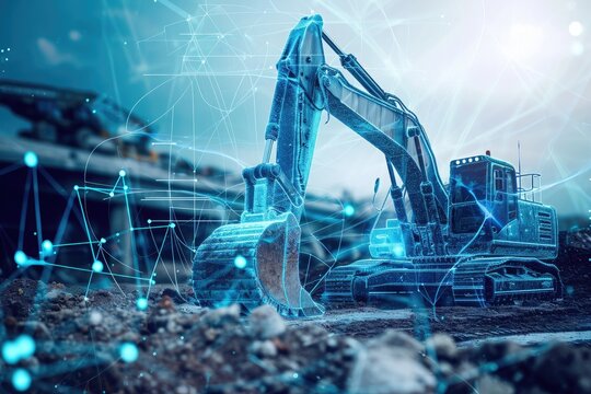 A blue and white bulldozer actively performing construction work on a construction site, Predictive maintenance of construction machinery through AI technology, AI Generated