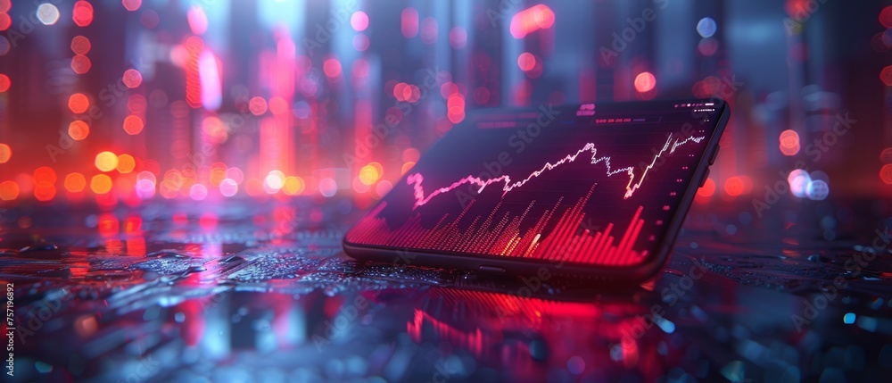 Leinwandbilder stock trading graph illustration on a smart phone with an accompanying growth strategy chart. 3d ren