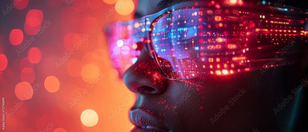 Aufkleber Using glasses to touch objects for experiences in a virtual metaverse world. Futuristic style.