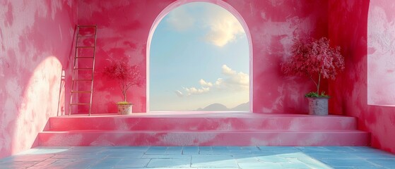 Three-dimensional rendering of a blue sky inside an arch window and ladder on a pink background.