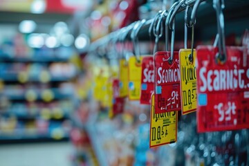 A straight row of red and yellow signs hanging from hooks on a gray wall, Price tags on everyday items increasing in size showing the inflow of inflation, AI Generated - Powered by Adobe