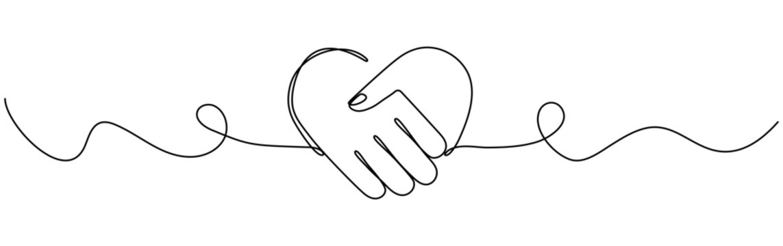 Handshake in heart shape continuous wave line drawing. Shaking hands with love concept. Business deal linear symbol. Vector illustration isolated on white background.