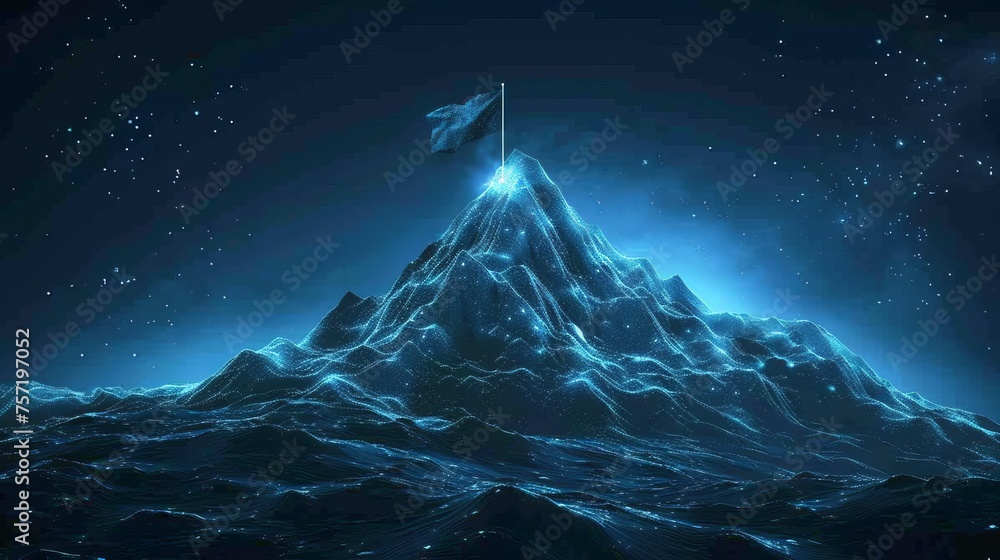 Aufkleber Mountain climbing route to peak. Business journey path in progress to success vector concept. In case of a flag on the top of the mountain, there are lines, triangles and particles.