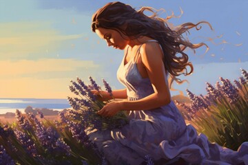 Obraz na płótnie Canvas Woman picking lavender in a field