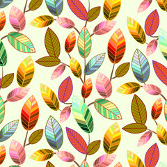 Pattern of stylized leaves.Vector seamless pattern of colored stylized leaves on a colored background.