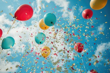 Colorful balloons float in the sky, creating a vibrant spectacle as they soar gracefully, Quantitative easing depicted as balloons filling up, AI Generated