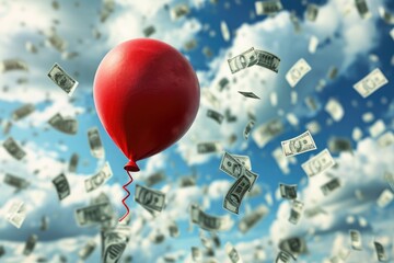 A red balloon filled with money soars through the air, creating a unique and unexpected sight, Quantitative easing depicted as balloons filling up, AI Generated - obrazy, fototapety, plakaty