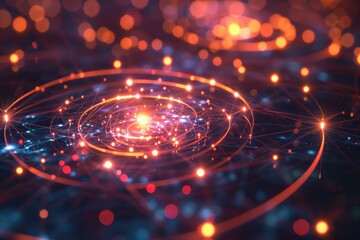 An abstract image featuring a spiral design situated at the center of a circular shape, Quantum computing concept represented by glowing qubits, AI Generated