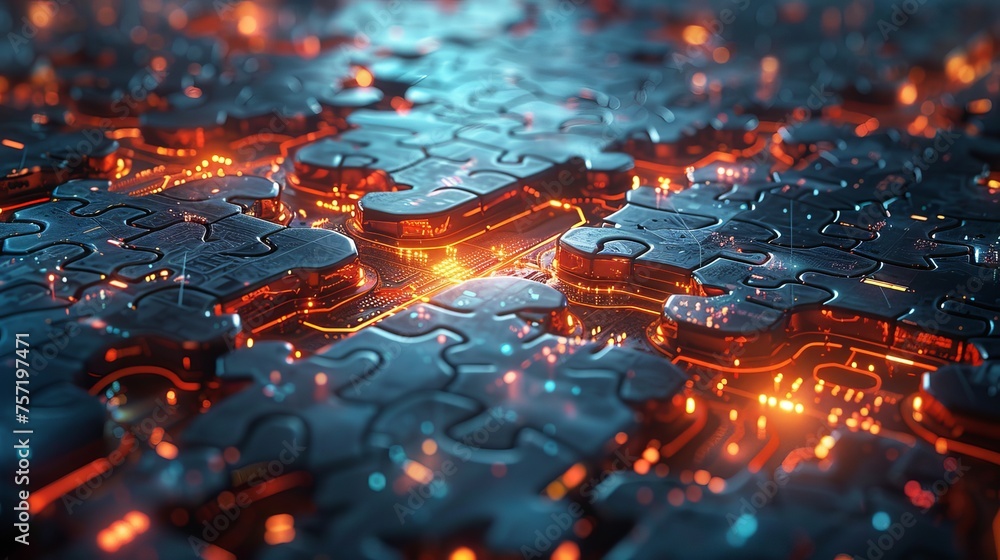 Poster A futuristic puzzle with glowing elements. The strategy involves combining parts to get the desired result or challenge. Modern illustration.