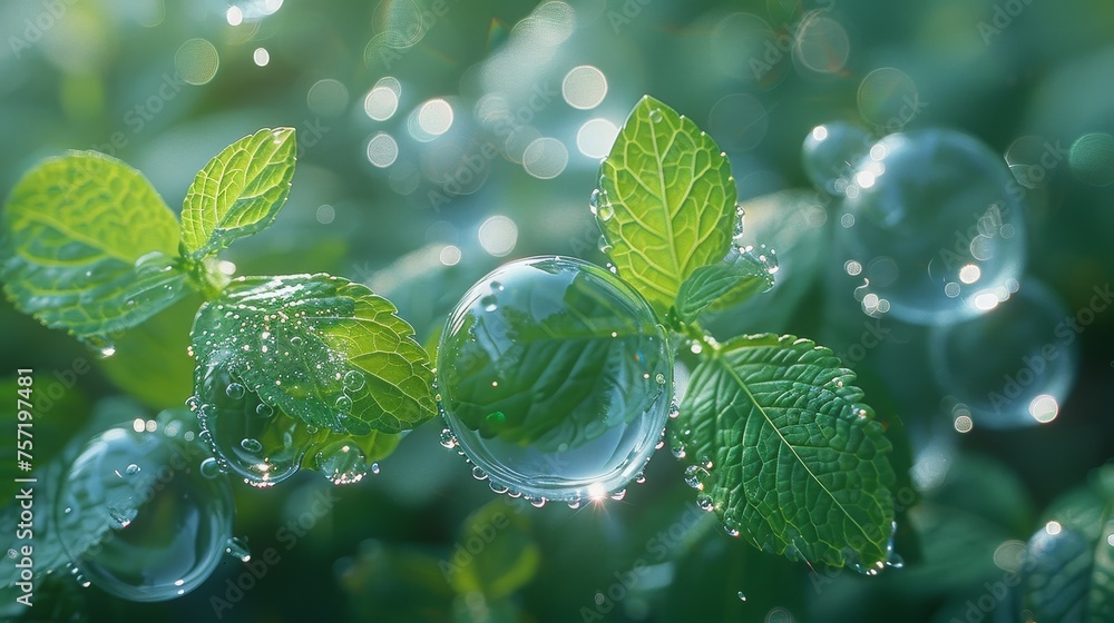 Aufkleber fresh and mint bubbles in a light effect, designed for a detergent, with flying mint leaves as an el