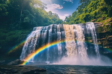 Fototapeta premium A powerful waterfall cascades down the rocks, with a vibrant rainbow arching across the middle, creating a stunning natural spectacle, Rainbow arching over a cascading waterfall, AI Generated