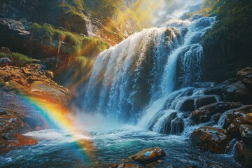 A stunning waterfall cascades down a rocky cliff, with a vibrant rainbow arching gracefully in the center, Rainbow arching over a cascading waterfall, AI Generated - obrazy, fototapety, plakaty