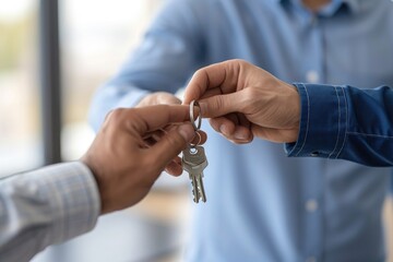 A photo capturing the moment when two individuals exchange keys with each other, Real estate agent handing over new office keys to business owner, AI Generated