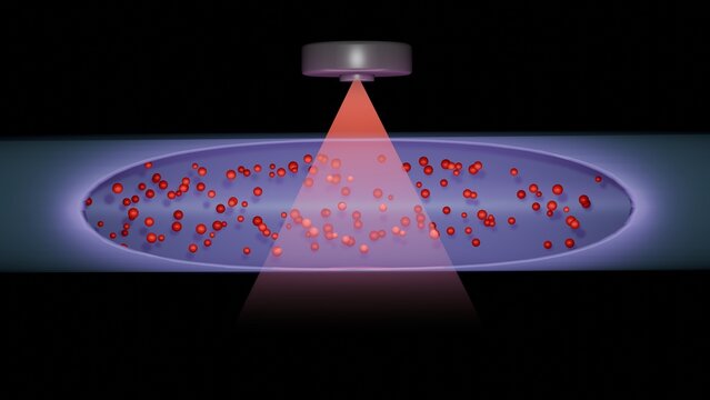 Photoplethysmography optoelectronic sensor. PPG detecting blood flow under skin.  Non-invasive biomedical monitoring technology. 3d render illustration