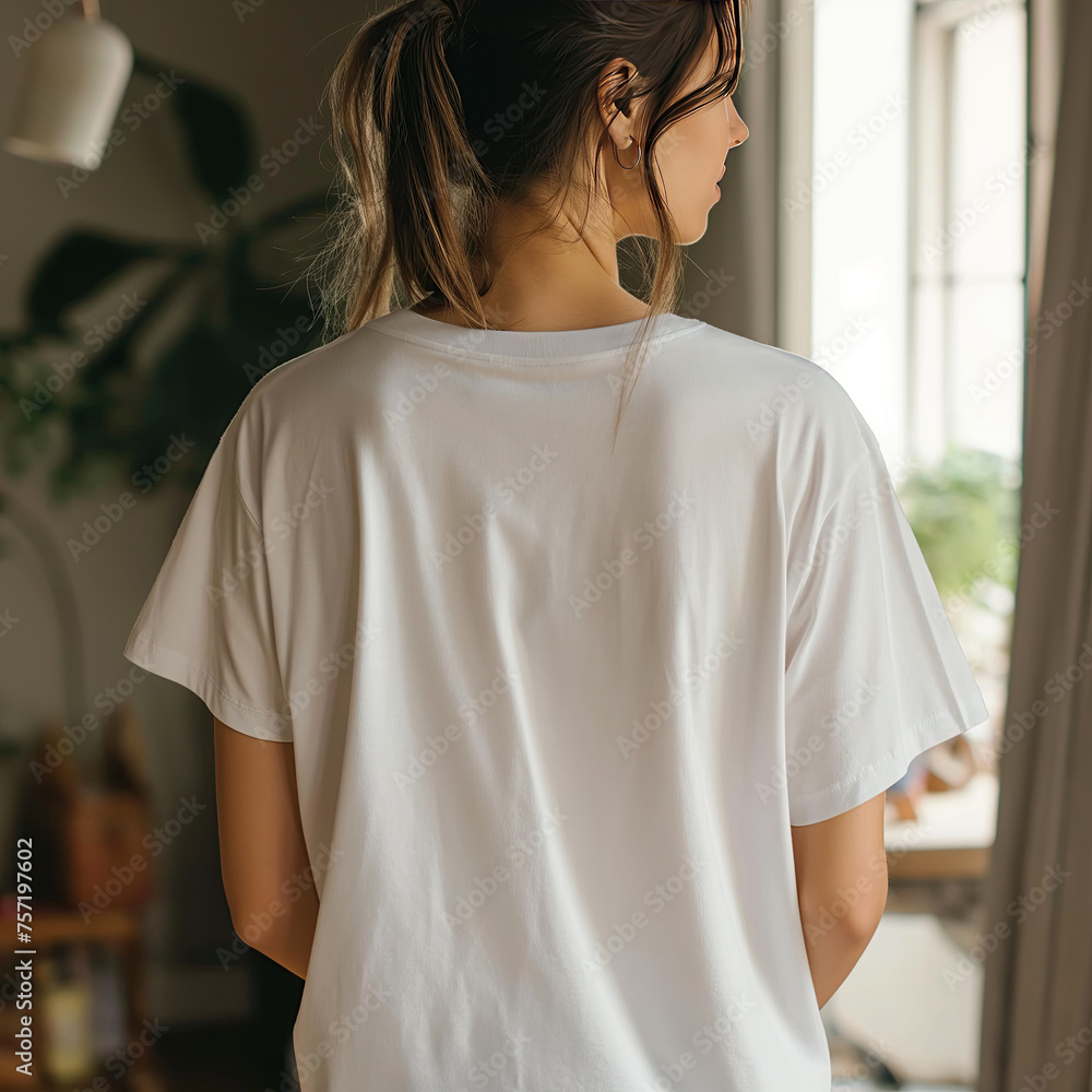 Poster A mockup of a woman from the back wearing a plain oversized T-shirt. T-shirt mockup photo with the natural and soft lighting.