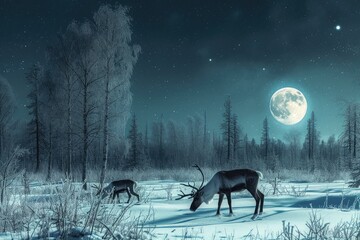 Two deer stand on top of a field covered in snow, showcasing their presence in the wintry landscape, Reindeer grazing in the moonlight, ready for Christmas Eve, AI Generated