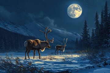 This photo depicts a painting of two deer in a snowy landscape during the nighttime, Reindeer grazing in the moonlight, ready for Christmas Eve, AI Generated