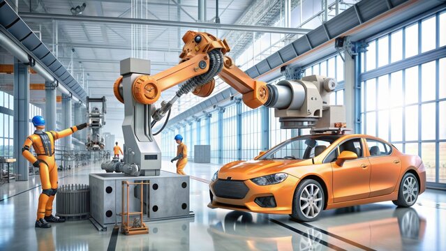 Human operating robot arm in car manufacturing - A skilled human operator controls a robotic arm to assemble a sports car, blending human expertise with robotic precision